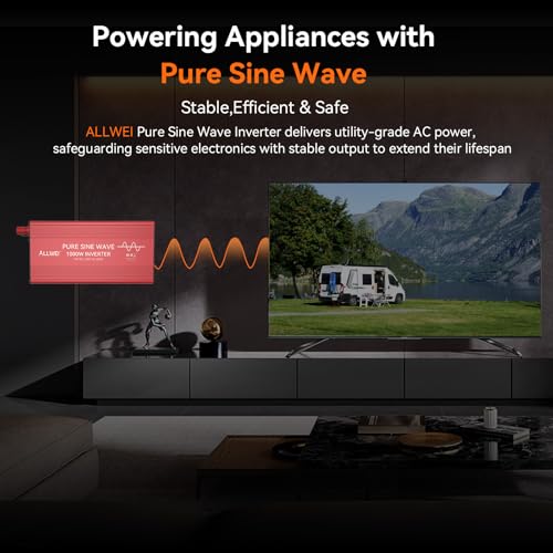 Image of ALLWEI 1000W Pure Sine Wave Inverter, 12V DC to 120V AC Converter | for Home, RV, Truck, Off-Grid Solar, Car Power Inverter with 2 Sockets, Power Inverters for Vehicles, 2000W Peak
