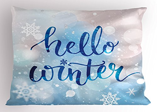 Ambesonne Winter Pillow Sham, Hello Winter Lettering on Abstract Blurry Snowflakes Bokeh Effect, Decorative Standard Size Printed Pillowcase, 26