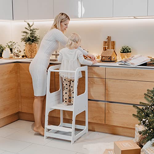 Torre Di Apprendimento Montessori Per Bambini 72x40x58 Cm | Sgabello Da Cucina Con Ringhiera Anticaduta In HDPE | Sedia Educativa Per Lavarsi E Cucinare
