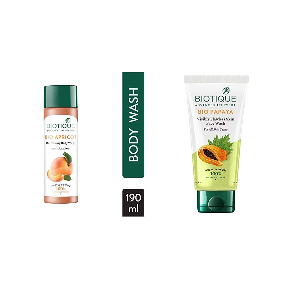 Biotique Bio Apricot Refreshing Body Wash, 190ml & Biotique Bio Papaya Visibly Flawless Skin Face Wash For All Skin Types, 150ml