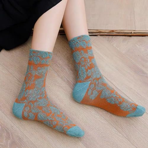 Image of DXYAKY 5 Pairs Womens Floral Cotton Socks Vintage Patterned Crew Socks Novelty Ankle Ruffled Warm Casual Dress Socks