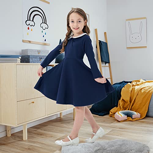 Hcabl Girl'S Short And Long Sleeve Casual Vintage Peter Pan Collar Fit And Flare Skater Party Dress 2-12 Years Dark Blue thumb #5