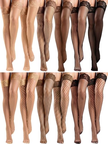 Image of Bencailor 4 /6 /12 Pairs Fishnet Thigh High Stocking for Women Silicone Lace Top Sheer Over Knee Stockings