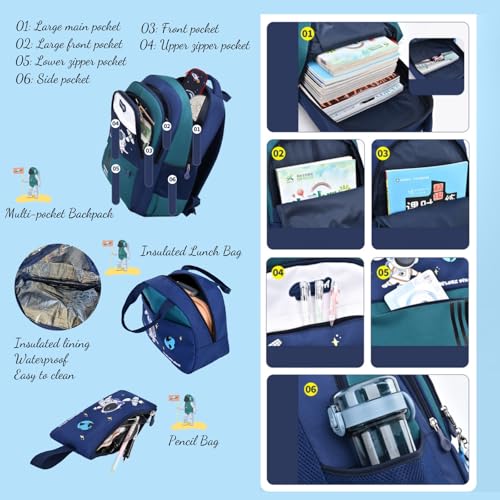 MITOWERMI 3pcs Boys Backpack with Lunch Box School Bags for Boys Lightweight Astronaut Kids Backpack Bookbags Sets for Elementary School Students, Green3