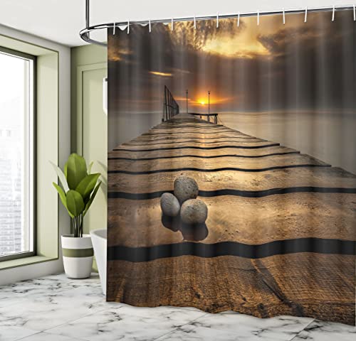 ABAKUHAUS Ocean Shower Curtain, Black Sea at Dusk Sunrise Tranquil Scene Coastline with Wooden Pier Picture - Image 4