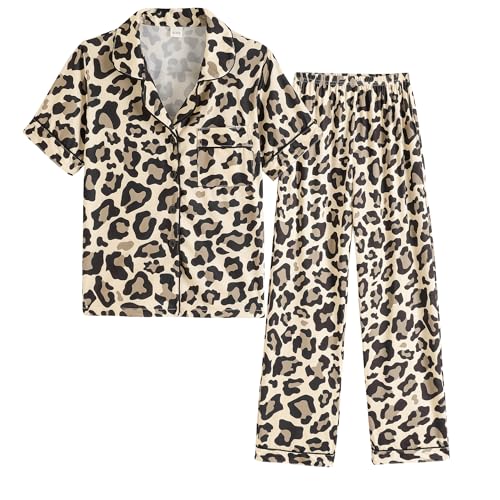 Girls Button Down Pajama Sets Short Sleeve Long Pants 2pcs Sleepwear Cute Patterns Outfits with Pockets Nighty