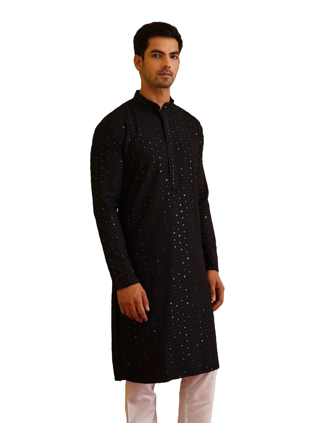 Sojanya (Since 1958 Men's Ethnic Motifs Embroidered Sequinned Cotton Black Long Kurta