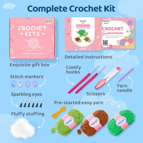 Image of Mewaii Beginner Crochet Kit with 40% Extra Yarn, Pre-Started Yarn & Video Tutorials - 3 Sea Turtles Craft Set for Adults & Kids