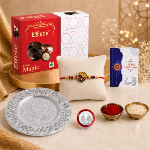 Image of Oblivion Designer Peacock Rakhi Set for Brother with Pooja Thali, Choco Magic Chocolate 32gm, Pooja Coin, Roli Chawal & Card | Rakhi with Chocolate Combo for Raksha Bandhan