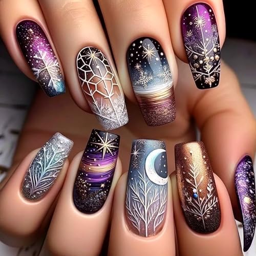 Christmas Press on Nails Long Coffin Fake Nails 3D Glossy False Nails with Snowflake Star Moon Xmas Tree Designs Full Cover Acrylic Nails Stick on Art
