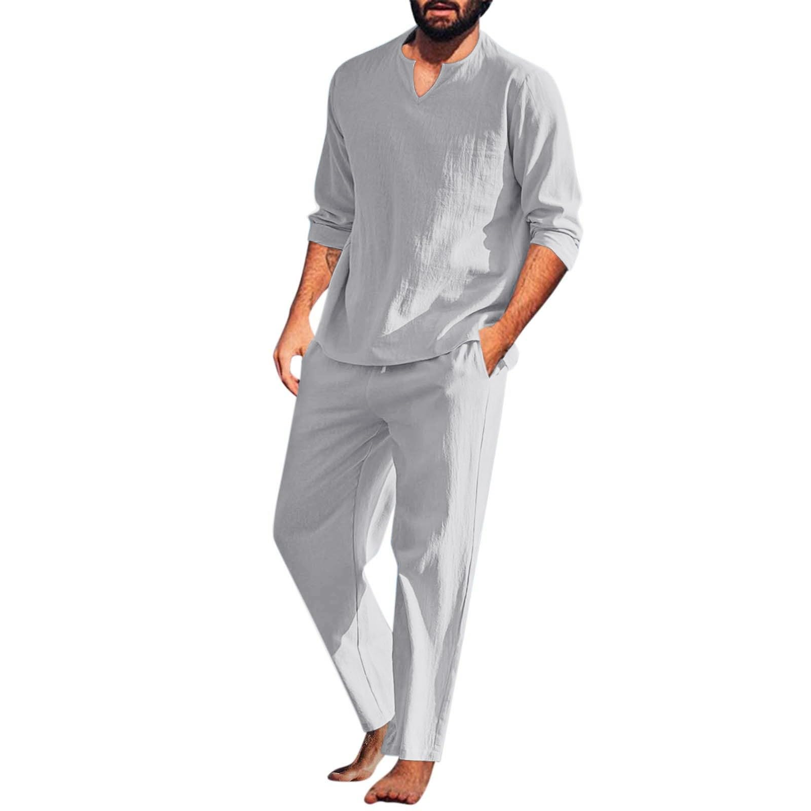 Generisch Combinaison 2 pièces en lin pour homme - Couleur unie - 2 pièces - T-shirt à manches longues et pantalon de plage - Ensemble de yoga - T-shirt de plage - Short de plage