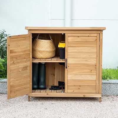 TAKUKA Outdoor Storage Cabinet with 2 Shelves, Wooden Garden Shed with Double Doors& Waterproof Roof?Outside Utility Tool Organizer for Garden Farm Backyard