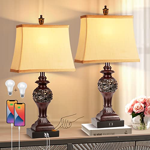 Set of 2 Touch Control Table Lamps with Dual USB Charging Ports, 3-Way Dimmable Bedside Desk Lamps, Modern Red Nightstand Lamps for Bedroom Table Living Room Reading, Bulbs Included
