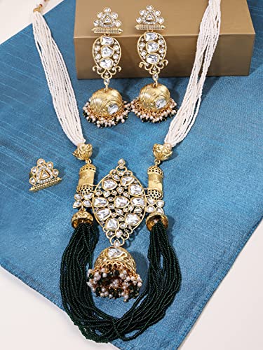 Image of ZAVERI PEARLS Green Multistrand Beaded Long Kundan Necklace Earring Ring Set For Women-ZPFK16019