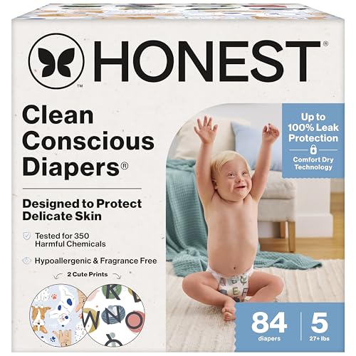 Image of The Honest Company Comfort Dry Disposable Diapers for Sensitive Skin, Hypoallergenic, All The Letters + It's a Pawty, Super Club Box, Size 5 (27 lbs), 84 Count