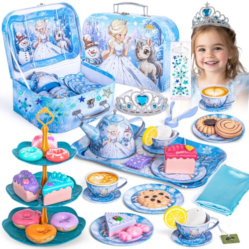 Hohosunlar Tea Party Set for Little Girls Toys Princess Tin Tea Set for Kids with Teapot Tea Cups Play Food Dessert Jewelry & Carrying Case Christmas Birthday Gift for Girls 3 4 5 6 7 8 Year Old