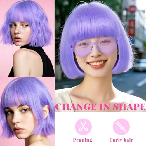 Image of LIULIUBTY Short Bob Hair Wigs Straight with Flat Bangs Synthetic Colorful Cosplay Daily Party Neon Wig for Women + Free Wig Cap 12 inch Natural As Real (Violet)