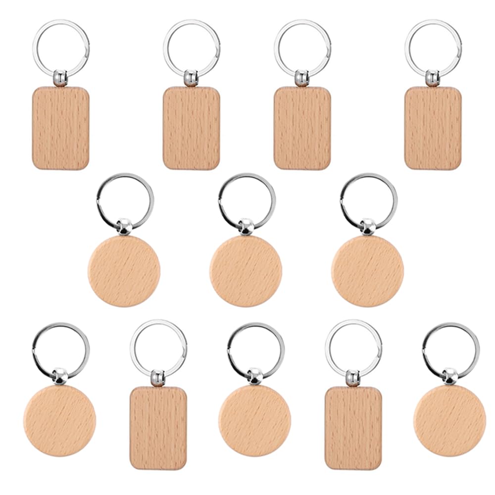 RHQFDM 12 Pieces Blank Wooden Keychain,Circles and Rectangles Wood Blanks Keyrings,Writable Wooden Keychain Set,Wooden DIY Keychain,for Hand Painting,Engraving,Messages