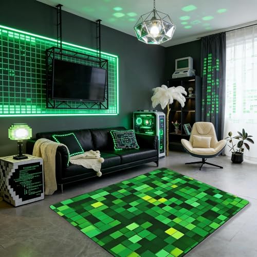 Manfei Pixelated Blocks Miners Kids Area Rug Video Games Game Gamepad Indoor Floor Mat Entrance Rug for Girls Boys Geometric Grid Patchwork Non Slip Rug Green Couch Living Room Decor 3x5