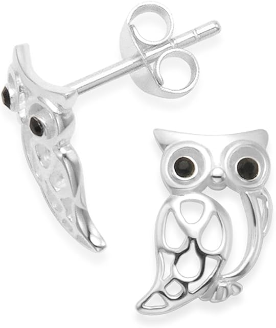Heather Needham Sterling Silver Owl Earrings with black Cubic Zirconia eyes - SIZE: 10mm. Gift Boxed. 5239/HNbox