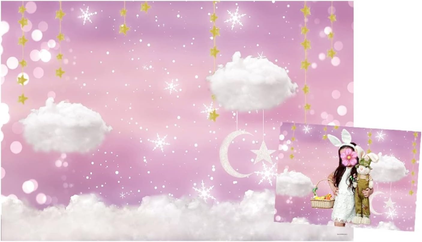 WaW Fabric Pink Cloud Star Background Birthday Photo Shoot Decoration Backdrop for Baby Girl 2.2x1.5m