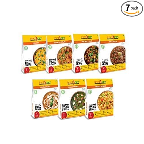 Freeze Dried Gluten-Free Ready to Eat Jain Curry Combo- Chole, Dal Fry, Dal Makhani, Paneer Burji, Pav Bhaji, Veg. Kolhapuri, Palak Paneer, Pack of 7