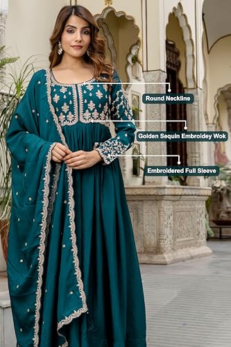Image of TRENDMALLS Women's Silk Blend Embroidery Sequence Work Anarkali Kurta Pant Set with Dupatta For Women