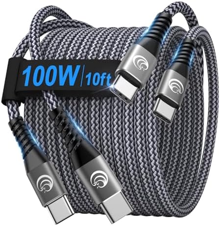 USBC to USBC 100W [10ft/2 Pack] USB C to USB C Fast Charging Cable Braided C to C Charger Cord for MacBook Pro/Air, iPhone 17 16 15 Pro Plus,iPad Pro,Samsung Galaxy S26 S25 Ultra S24,Pixel,PS5,Switch