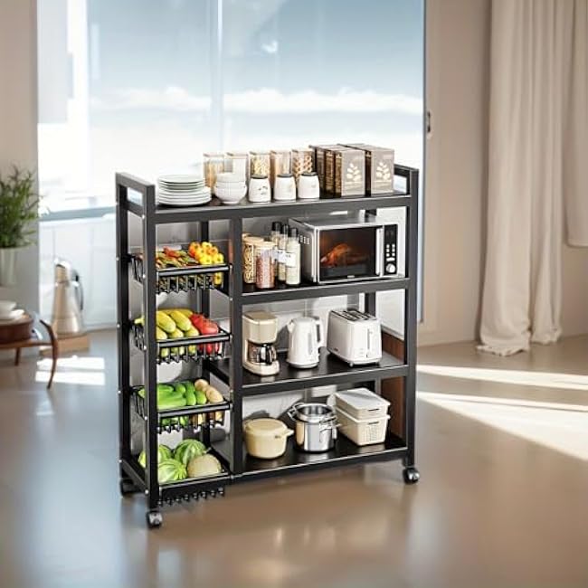 Versatile Metal Storage Cabinet with Wheels, Mobile Utility Cart, Includes Basket for Easy Access, Multi-Layer Organizer for Kitchen, Living Room & Bedroom-dYzIkr8D