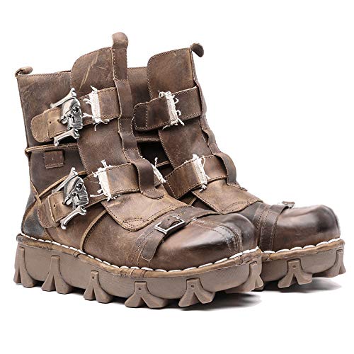 HlpiAMok Aeiniwer Mens Brown Genuine Leather Military Army Boots Gothic Skull Punk Motorcycle Boots (9.5, Khaki)