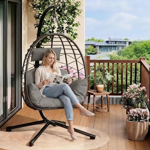 LovelyFurn Fauteuil Suspendu Pliant Vertical en Rotin Tressé avec Housse de Pluie, Balancelle avec Cadre de Support Chaise Balancelle Réglable pour Jardin...