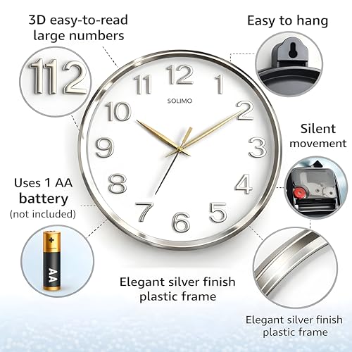 Image of Amazon Brand - Solimo 12 Inches Silent Wall Clock for Living Room Bedroom Office Plastic Easy to Read 3D Numbers Modern Stylish Sweep Movement Wall Clock for Home 1603DX (Silver)