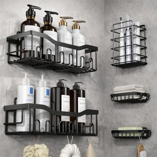 Image of Zulaxy 5 in 1 Self Adhesive Bathroom Shelf Organizer with Soap Holder | Multipurpose Storage Rack Combo for Bathroom & Kitchen | No Drill, Rustproof, Stainless Steel and Waterproof (Set of 5, Black)