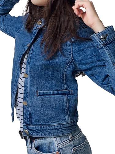 LifeShe Cropped Denim Jacket for Women Stretch Collarless Jean Jackets Slim Fall Crop Shacket Tendy2