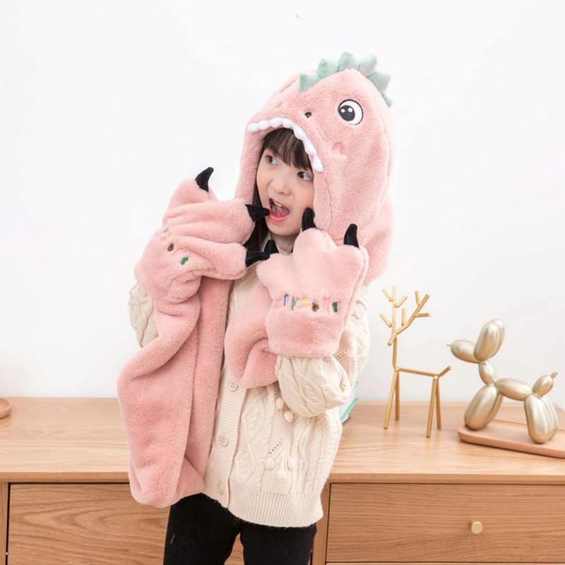 Richmen Winter 3 in 1 Hooded Scarf Hat Gloves Set Women Cute Woolen Cap for Boys Girls Long Thick Fleece Winter Integrated Hoodie Earflap Outdoor Dinasour Hats Kids L Pink(Above 12 Years) 4
