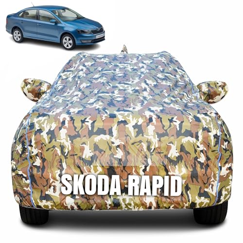 Image of 100% Waterproof Car Body Cover for Skoda Rapid with Mirror Pocket (Heat & UV Resistant, Triple Stitched, Soft Lining, Bottom Elastic & Piping) Camouflage, Military Print
