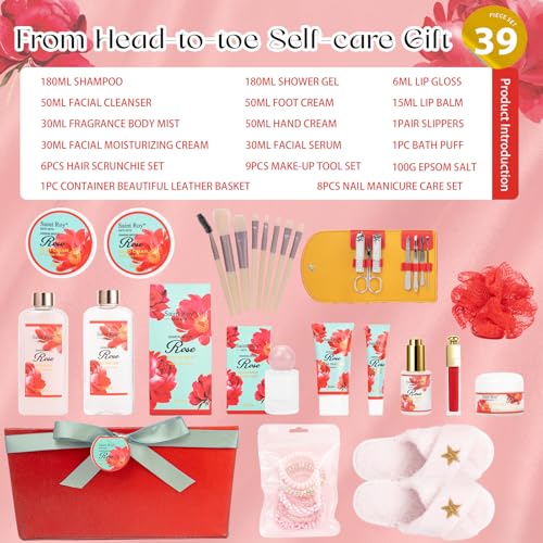 Image of 35Pcs Spa Kit Gift for Women, Sandalwood Red Rose Bath and Body Basket Gift | Face Skin Care Kit, Home Spa Self Care, Lip Gloss, Birthday, Christmas, Mother, Bridal Shower, Anniversary for Mom Pamper Kit