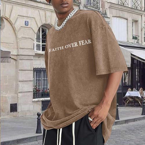 Image of Christian Faith Over Fear Shirt for Men Jesus Religious Shirts Oversized Graphic Tees Acid Wash God T-Shirt
