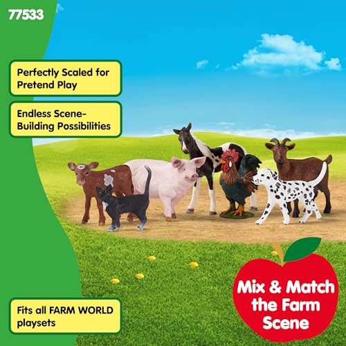 Image of Schleich Farm World - 7 PC Farm Animal Playset with Dog, Cat, Pig, Goat, Rooster, Baby Horse and Cow Toys - Realistic Barnyard Figurines - Fun Educational Figures For Kids and Toddlers Ages 3+ | 77533