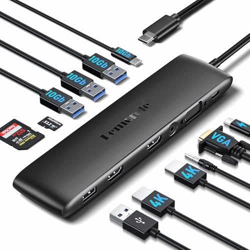 Image of Lemorele 12-in-1 Docking Station 10Gbps, Triple Display with HDMI+VGA, 3 USB-A 3.2 Gen2 Ports, 100W PD Fast Charging, SD /TF Card Slots, Compatible with Dell, Lenovo, Surface Laptops