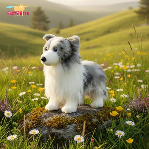 PuffPurrs Lebensechtes Merle Border Collie Plüschtier, Realistischer Blue Merle Border Collie Teddy, Süßer außergewöhnlich intelligenter Hund Kissen-Geschenk, 23 cm