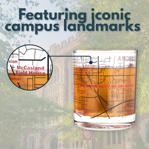 Image of Greenline Goods University of Oklahoma Sooners Whiskey Glasses Set of 2, 10 oz Rocks Glasses with Full-Color Logo & Campus Map - Officially Licensed Bourbon Glass Gift for Alumni & Fans