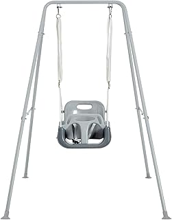 FUNLIO 3-in-1 Toddler Swing Set with 4 Sandbags, Kids Swing Set for Backyard, Indoor/Outdoor Baby Swing with Foldable Metal Stand, Clear Instructions, Easy to Assemble & Store, Grey