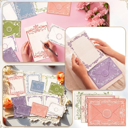 Image of TaoBary 160 Pcs Stationery Paper Set 50 Double Sided Stationery Papers with 50 Matching Envelopes and 60 Round Dot Sticker, 10 design(vintage Lace Frame, 5.5 x 8.25 Inch)