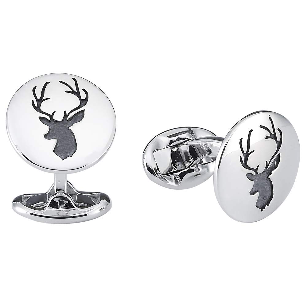 Vinani Design Manschettenknöpfe Hirsch Symbol rund geschwärzt glänzend 925 Sterling Silber Herren Anzug Hemd 2MAH