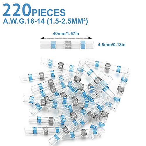 Qibaok 220 PCS Solder Seal Wire Connectors Heat Shrink Solder Butt Connectors Electrical Waterproof Insulated Terminals Kit 16-14 Gauge