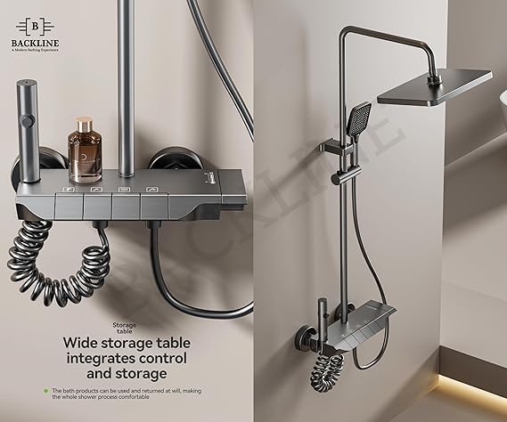 Image of Backline Shower Panel for Bathroom 4 In 1 Wall Mixer For Bathroom | Shower Mixer For Bathroom With Storage Space for Essentials | Hand shower | overhead Shower | Jet Spray(Gun Grey)