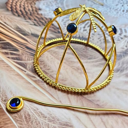 Image of Hair Bun Cage Accessory for Women | Handcrafted Brass Juda Cover with Stick | Anti-Tarnish Traditional Hair Accessory for Wedding & Festive (Dragonfly Blue Crystal Hair Bun (Golden))