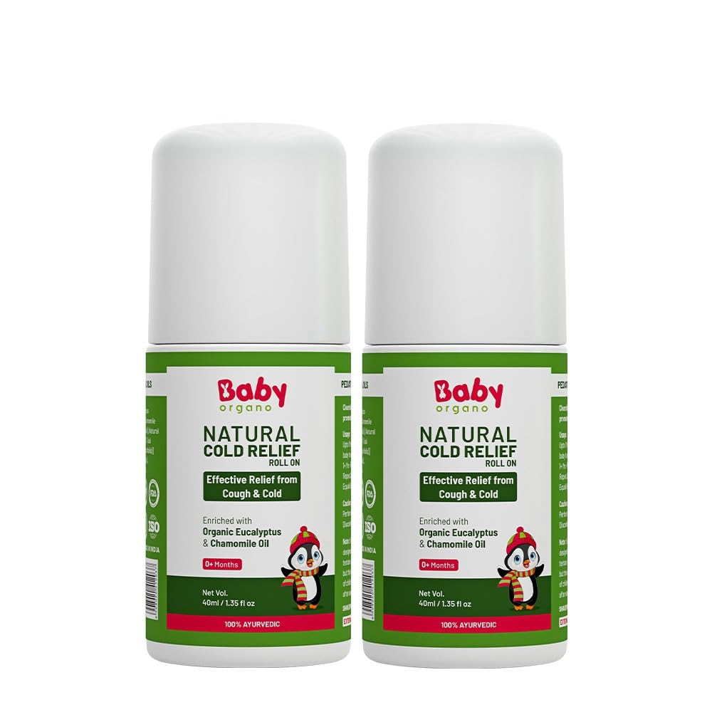 Baby Organo Natural Cold Relief Roll-On for 3+ Month Newborn Kids with Eucalyptus, Chamomile, Lavender & Tulsi Oils - Soothe Cold & Cough, Chest Congestion 40ml (Pack 2)