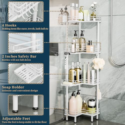 Image of Consumest Corner Shower Caddy Standing - 4-Tier Stainless Steel Shower Organizer with Soap Holder and 4 Hooks, Large Capacity Corner Shelf Stand for Bathroom, Rest Room, White